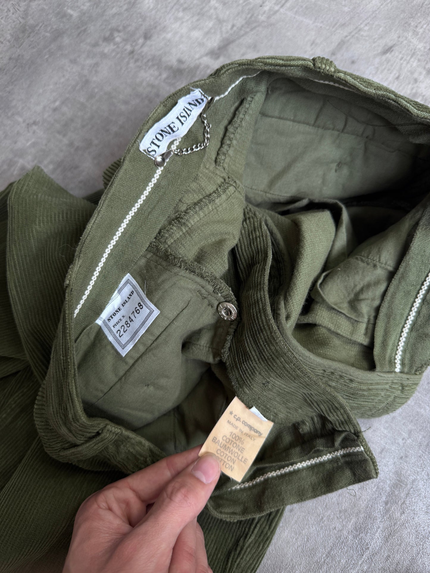 1990's Stone Island Needle Cord Green Pleated Trousers