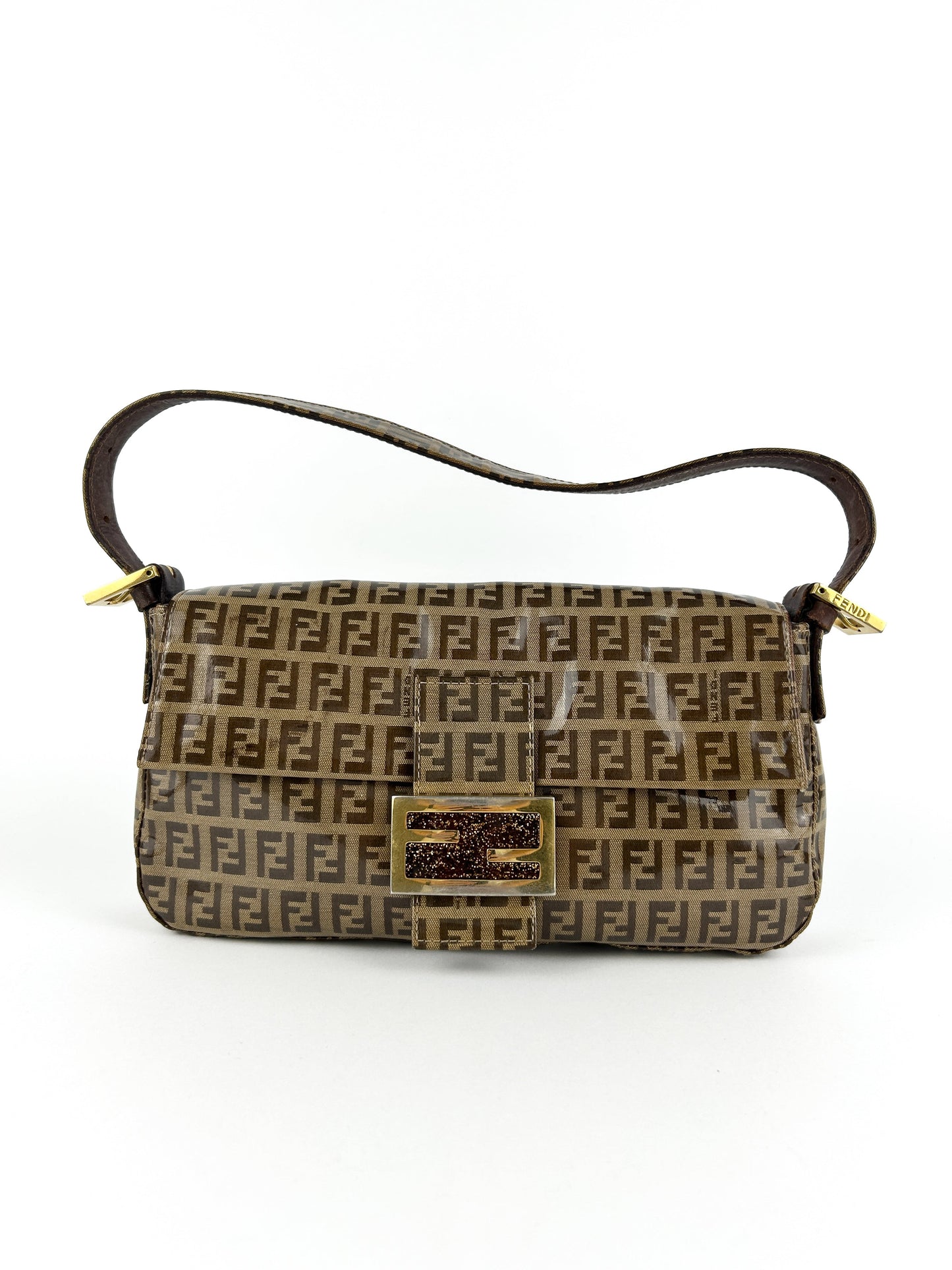 Vintage Fendi Zucca PVC Glitter Enamel Resin Baguette Shoulder Bag | O/S, Brown