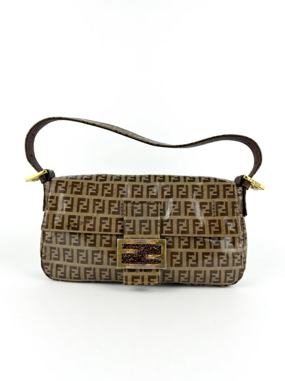 Vintage Fendi Zucca PVC Glitter Enamel Resin Baguette Shoulder Bag | O/S, Brown
