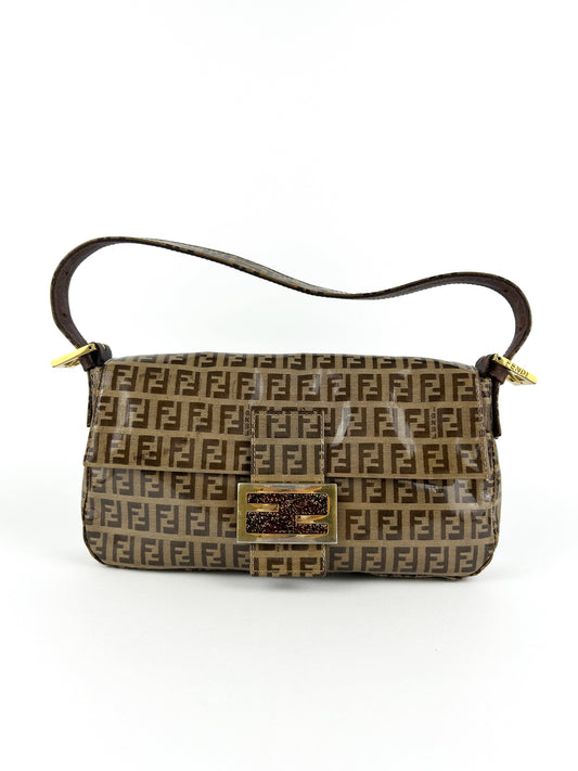Vintage Fendi Zucca PVC Glitter Enamel Resin Baguette Shoulder Bag | O/S, Brown