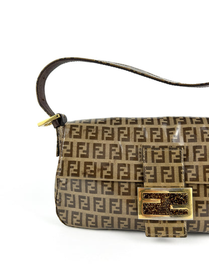 Vintage Fendi Zucca PVC Glitter Enamel Resin Baguette Shoulder Bag | O/S, Brown