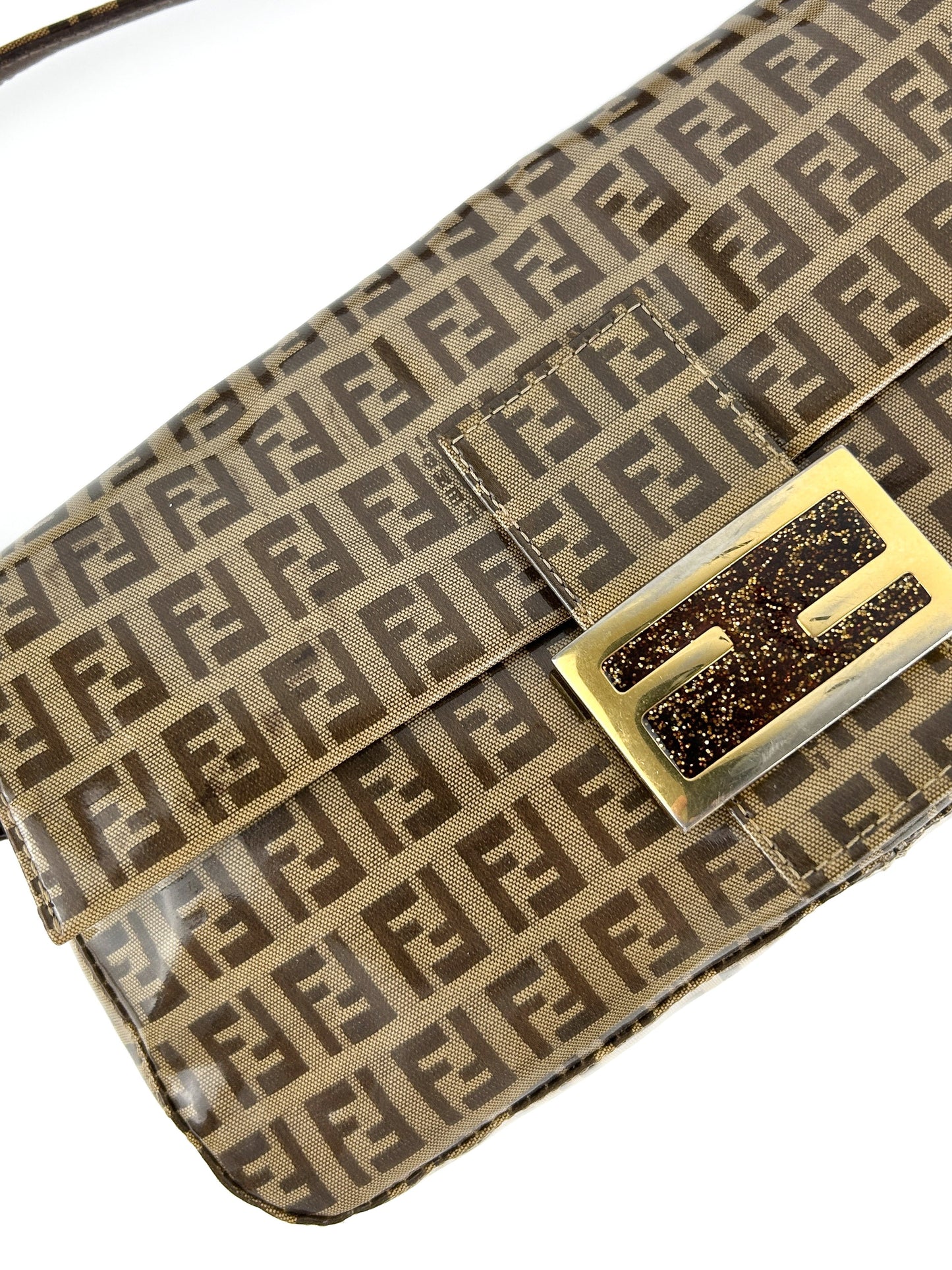 Vintage Fendi Zucca PVC Glitter Enamel Resin Baguette Shoulder Bag | O/S, Brown