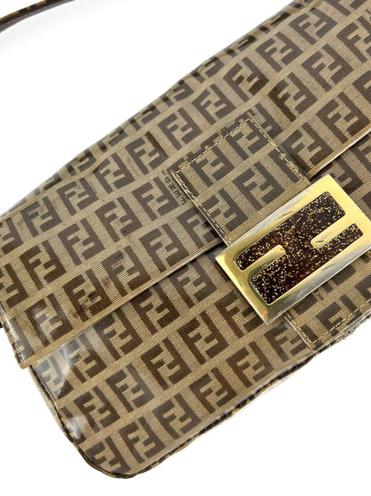 Vintage Fendi Zucca PVC Glitter Enamel Resin Baguette Shoulder Bag | O/S, Brown
