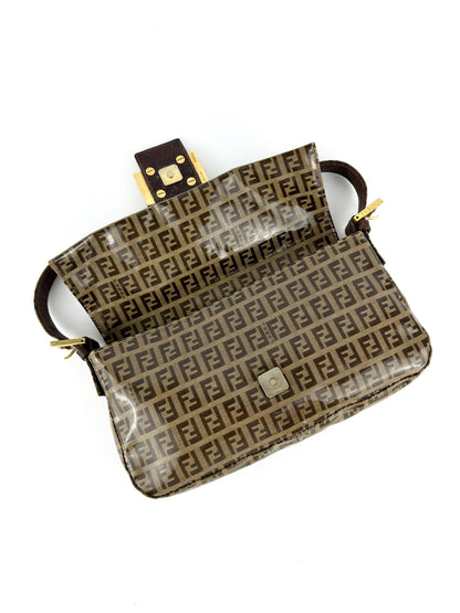 Vintage Fendi Zucca PVC Glitter Enamel Resin Baguette Shoulder Bag | O/S, Brown