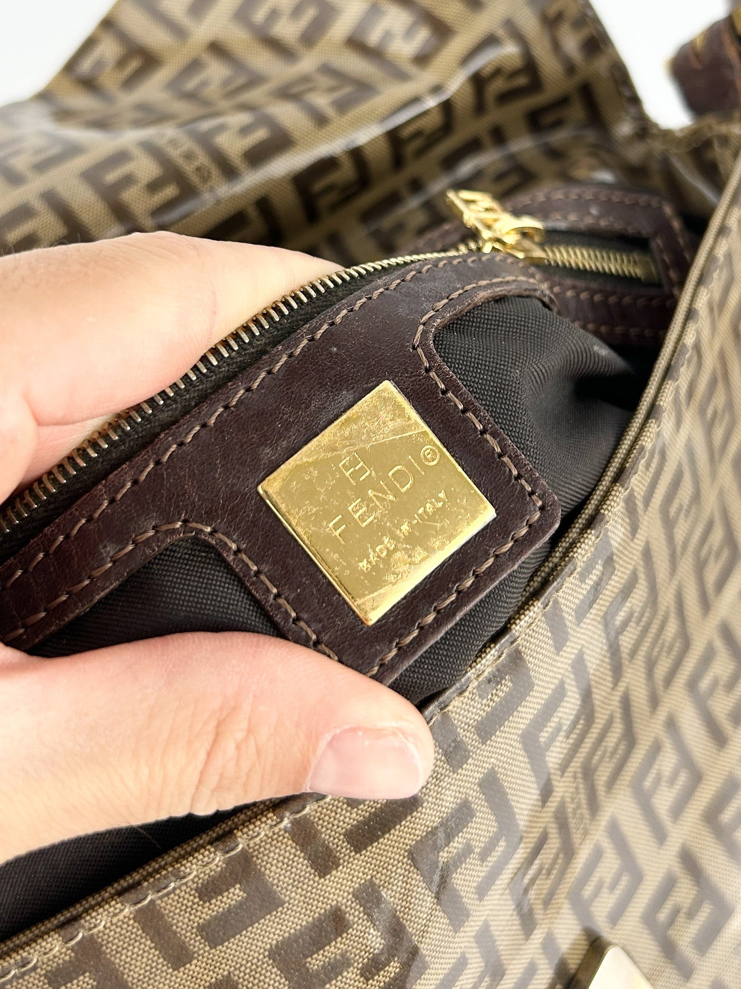 Vintage Fendi Zucca PVC Glitter Enamel Resin Baguette Shoulder Bag | O/S, Brown