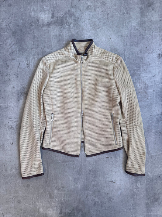 SS 2000 Prada Perforated Mesh Leather Trim Racer Jacket