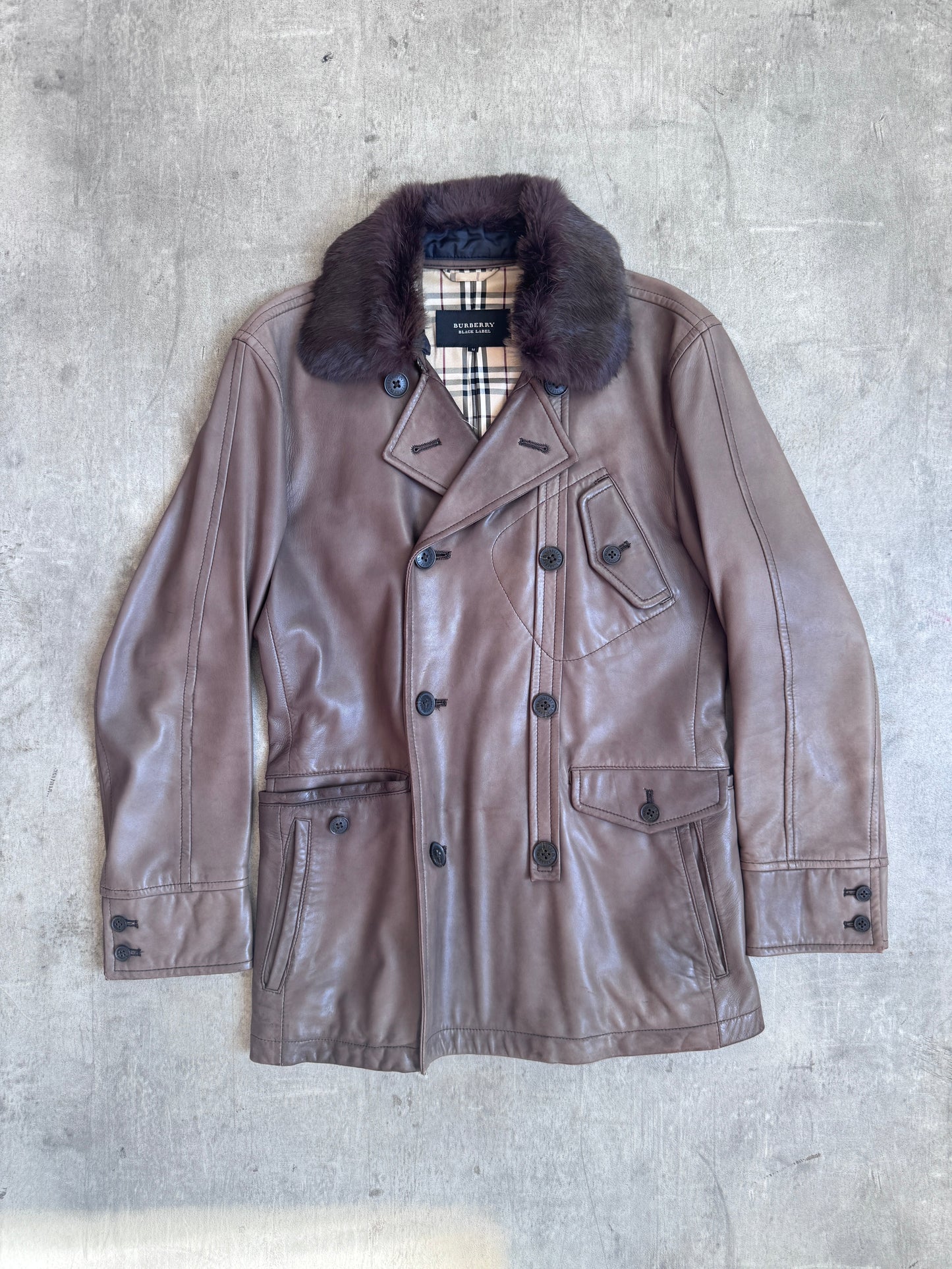 Burberry Fur Collar Double Breasted Leather Coat