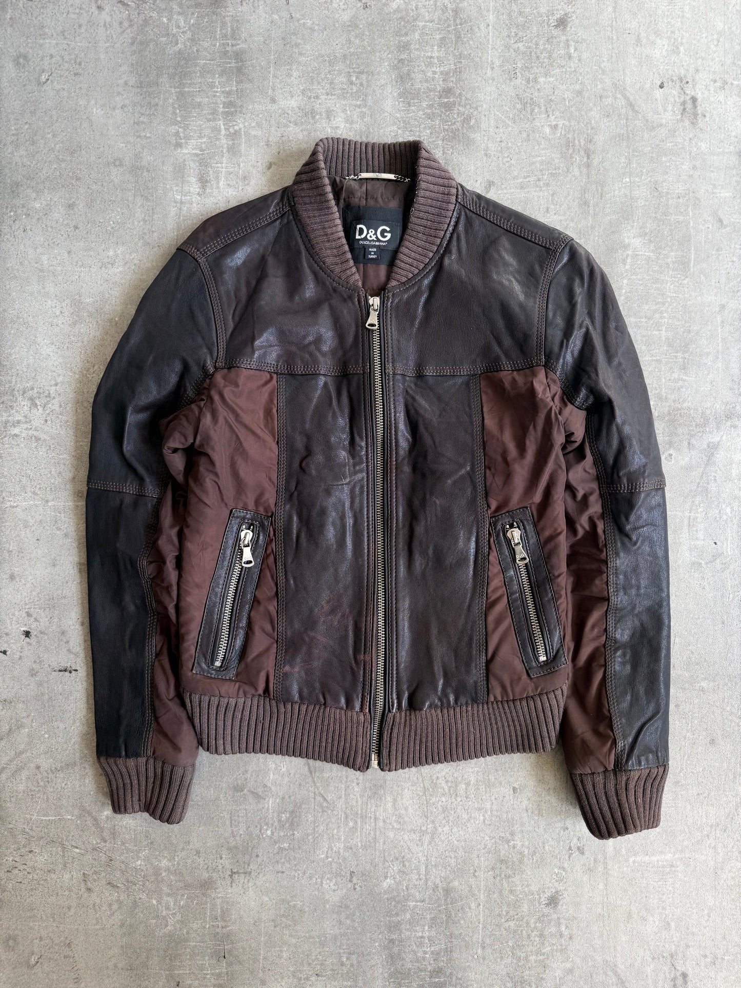 Dolce and Gabbana Leather Nylon Hybrid Brown Bomber Jacket