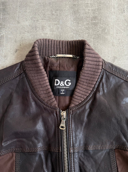 Dolce and Gabbana Leather Nylon Hybrid Brown Bomber Jacket