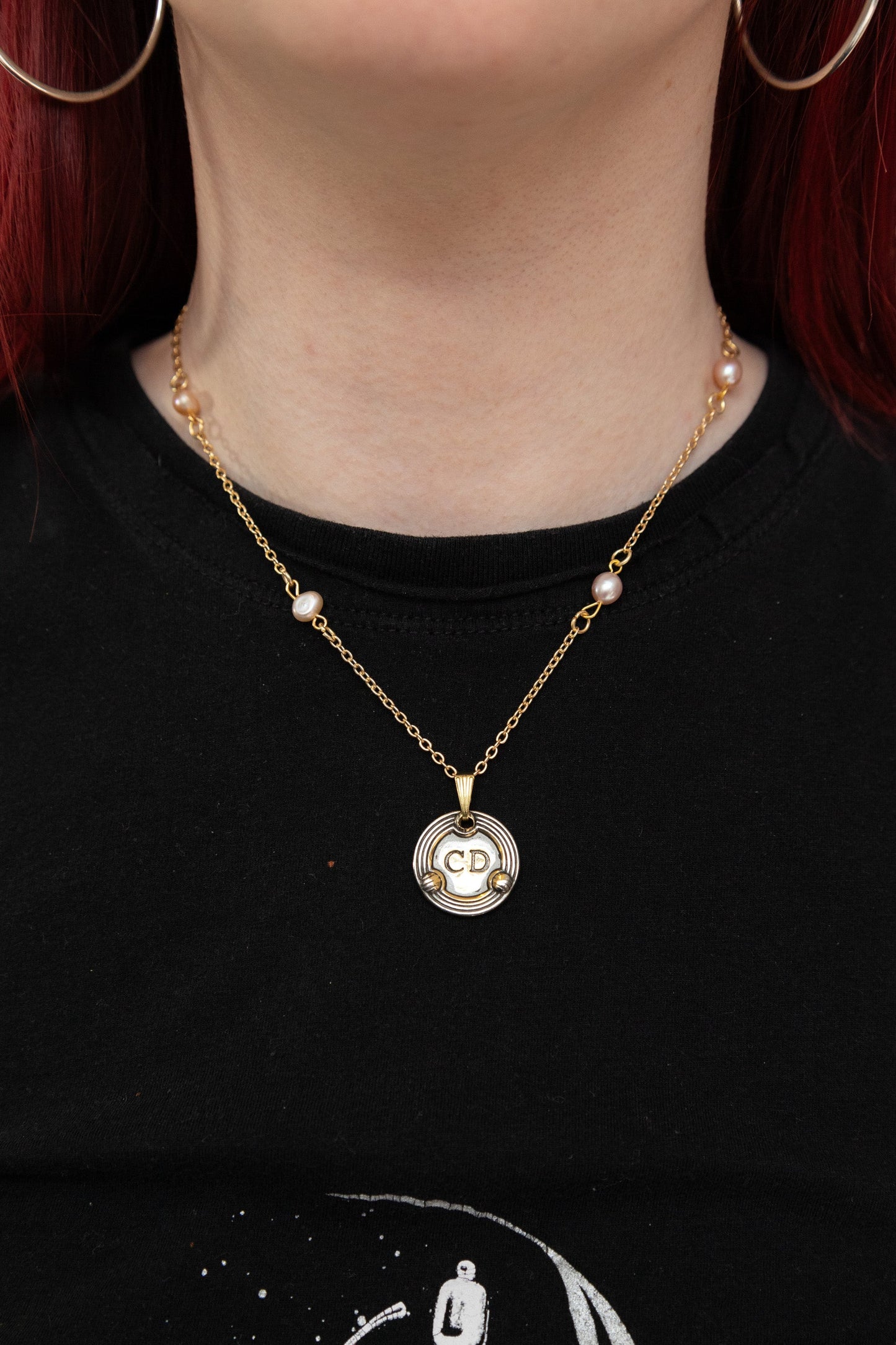 VT Rework : Christian Dior Large Circular Gold Chain Cream Curated Pearl Necklace