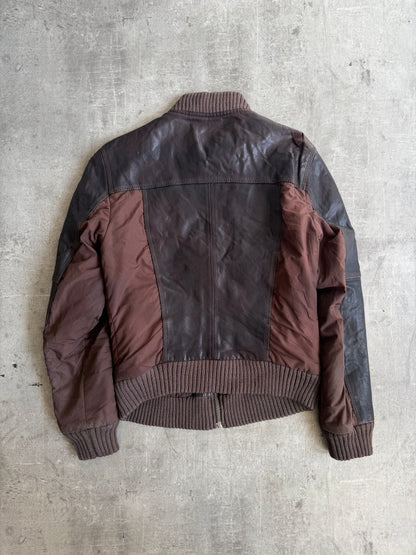 Dolce and Gabbana Leather Nylon Hybrid Brown Bomber Jacket