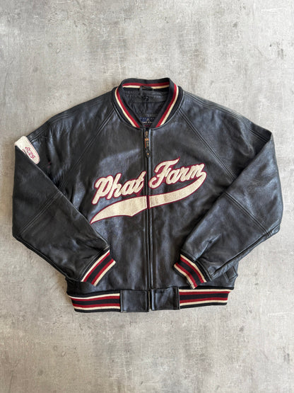 Phat Farm Spellout Weathered Varsity Leather Jacket | Extra Large, Black