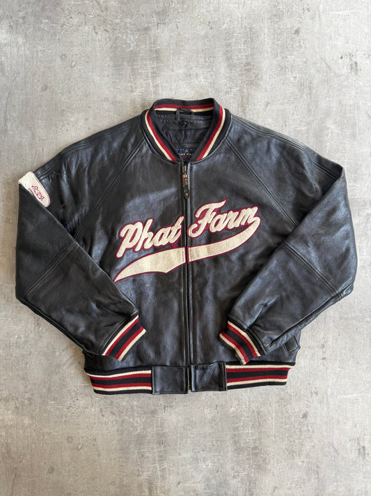 Phat Farm Spellout Weathered Varsity Leather Jacket | Extra Large, Black