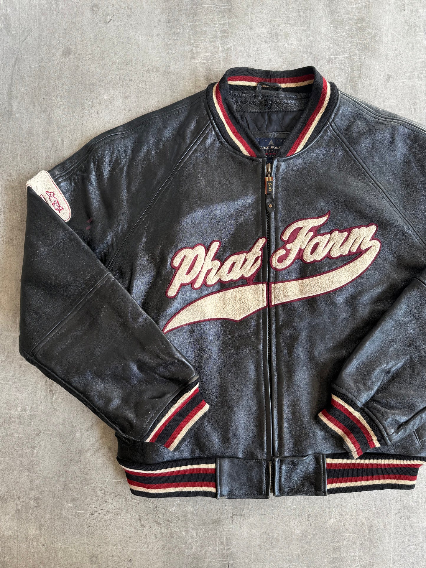 Phat Farm Spellout Weathered Varsity Leather Jacket | Extra Large, Black