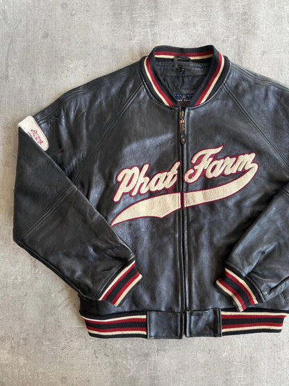 Phat Farm Spellout Weathered Varsity Leather Jacket | Extra Large, Black