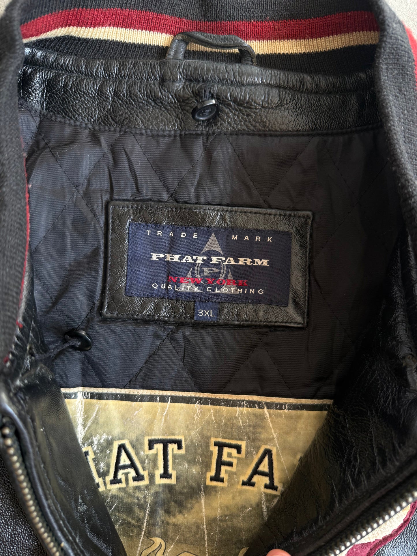 Phat Farm Spellout Weathered Varsity Leather Jacket | Extra Large, Black