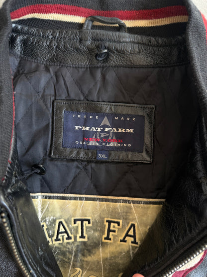 Phat Farm Spellout Weathered Varsity Leather Jacket | Extra Large, Black