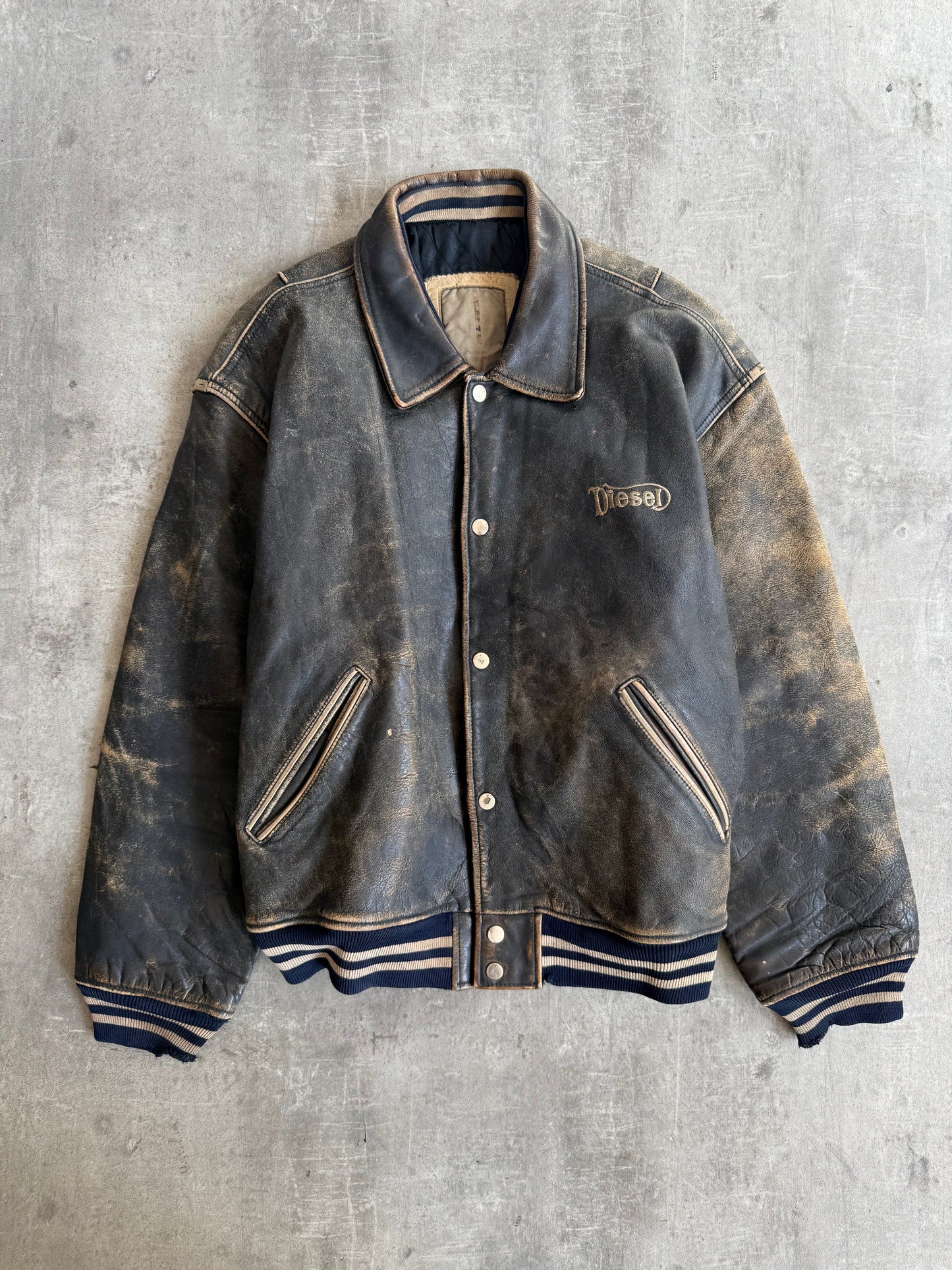1990s Diesel Back Spellout Distressed Leather Jacket