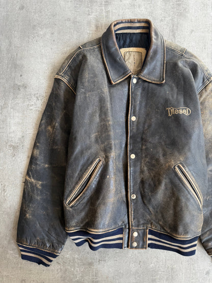 1990s Diesel Back Spellout Distressed Leather Jacket