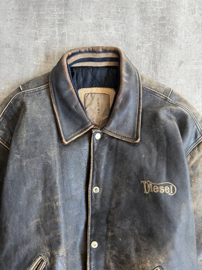 1990s Diesel Back Spellout Distressed Leather Jacket
