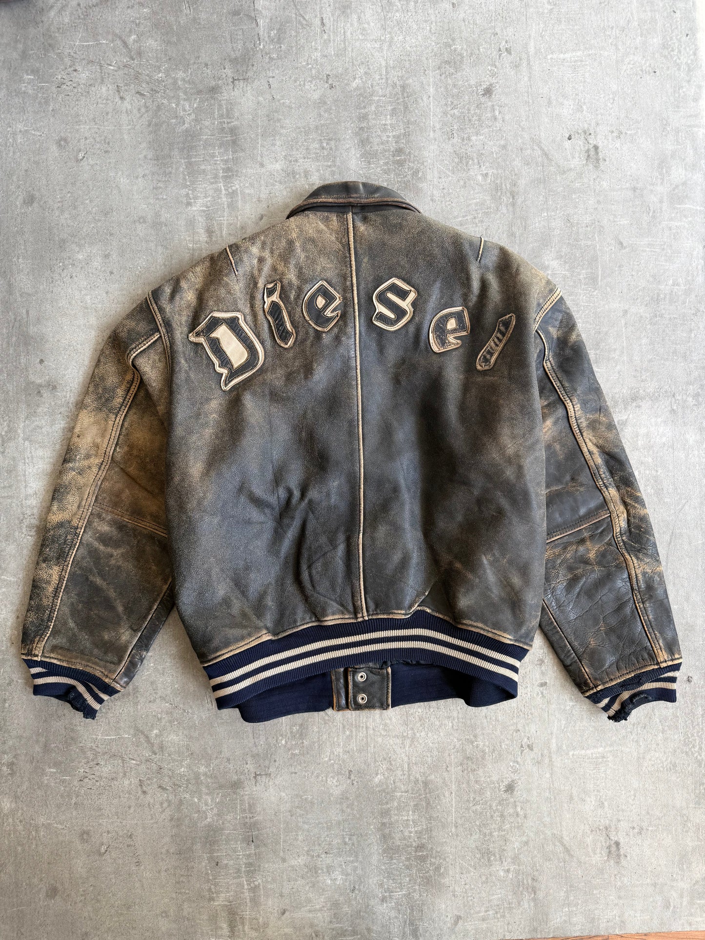 1990s Diesel Back Spellout Distressed Leather Jacket