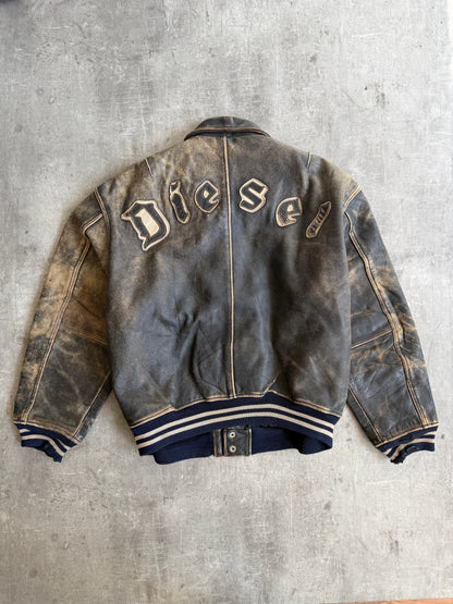 1990s Diesel Back Spellout Distressed Leather Jacket