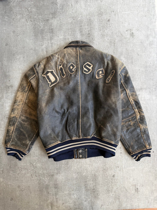 1990s Diesel Back Spellout Distressed Leather Jacket