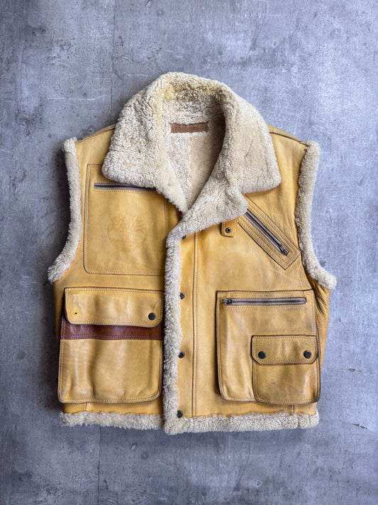 1990's Timberland Shearling Yellow Leather Aviator Gilet