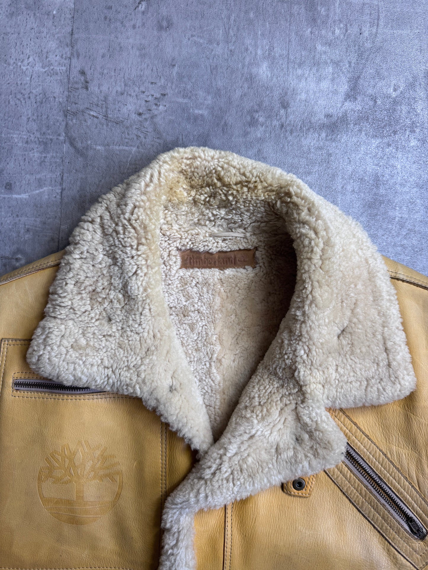 1990's Timberland Shearling Yellow Leather Aviator Gilet