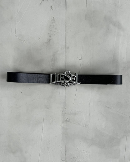 DIESEL CHROME LOGO & BLACK LEATHER BELT