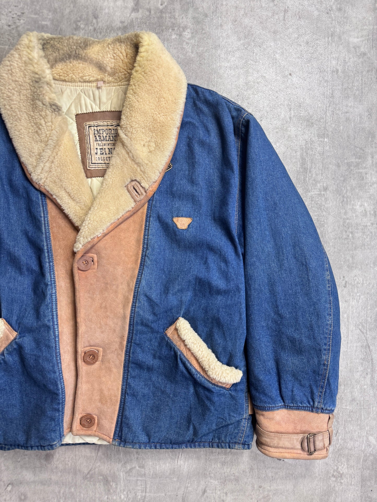 1982 Emporio Armani Suede Detail Shearling Denim Coat