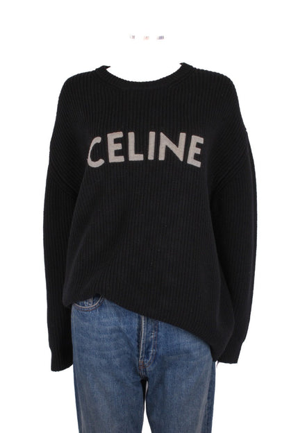 Celine L/S Ribbed Knit Logo Jumper Black M | Medium, Black