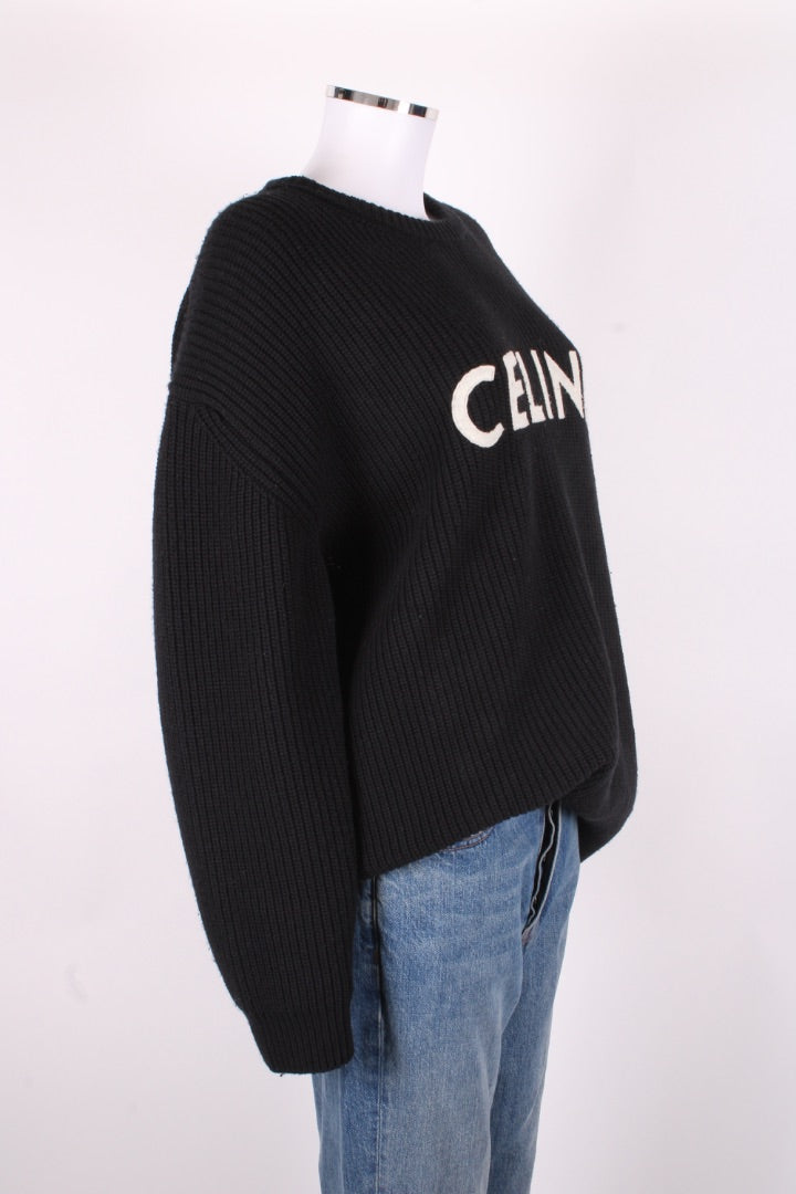 Celine L/S Ribbed Knit Logo Jumper Black M | Medium, Black