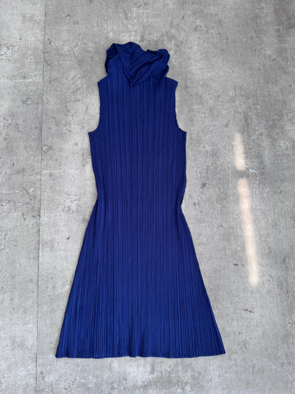 Issey Miyaki Asymmetric Crepe Pleated Navy Mini Dress