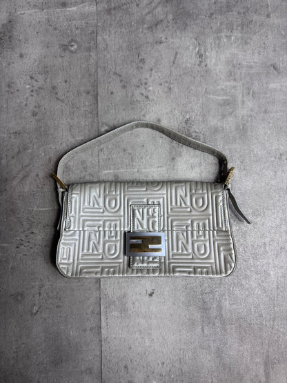 Fendi Logo Embossed Nappa Leather Silver Baguette Bag