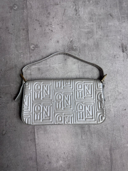 Fendi Logo Embossed Nappa Leather Silver Baguette Bag