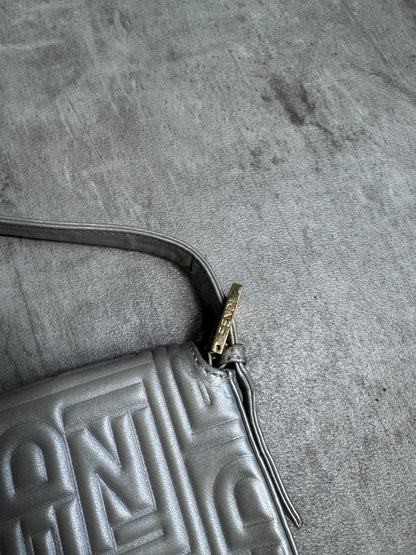 Fendi Logo Embossed Nappa Leather Silver Baguette Bag