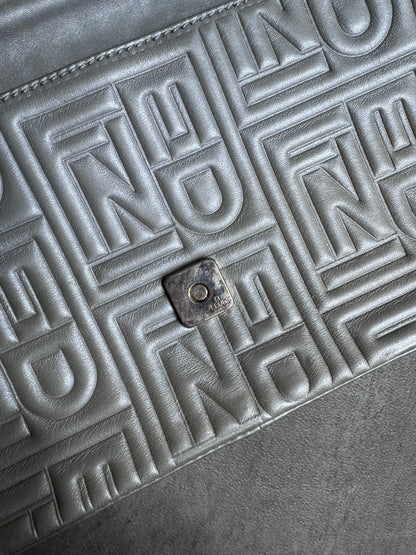 Fendi Logo Embossed Nappa Leather Silver Baguette Bag