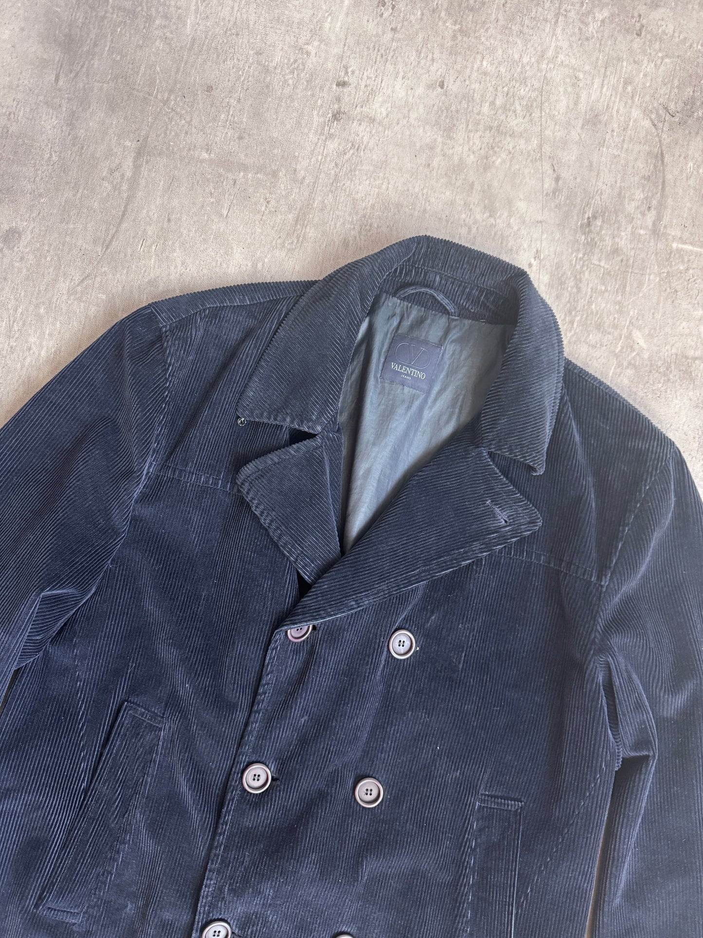 Valentino Double Breasted Navy Corduroy Overcoat