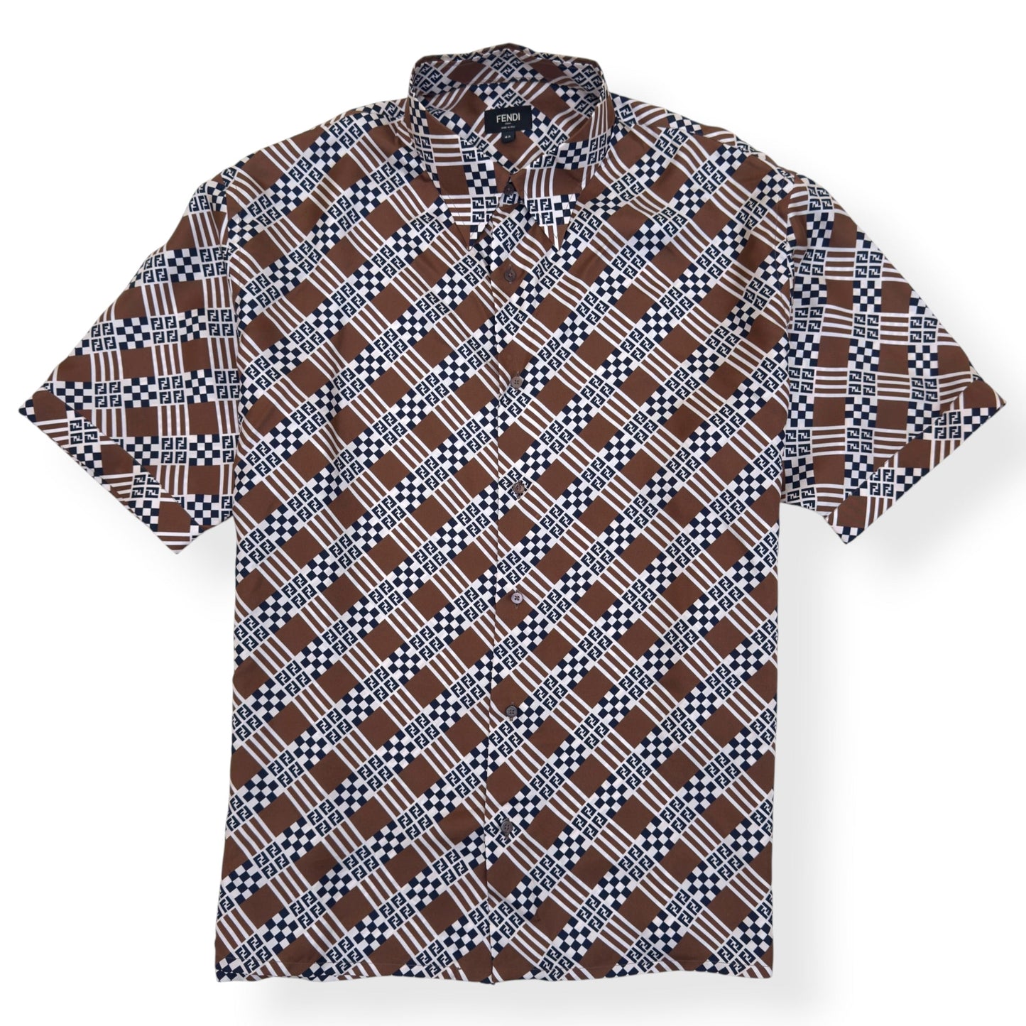 FENDI PRINTED MONOGRAM SILK SHIRT BROWN 43 / L | Large, Brown