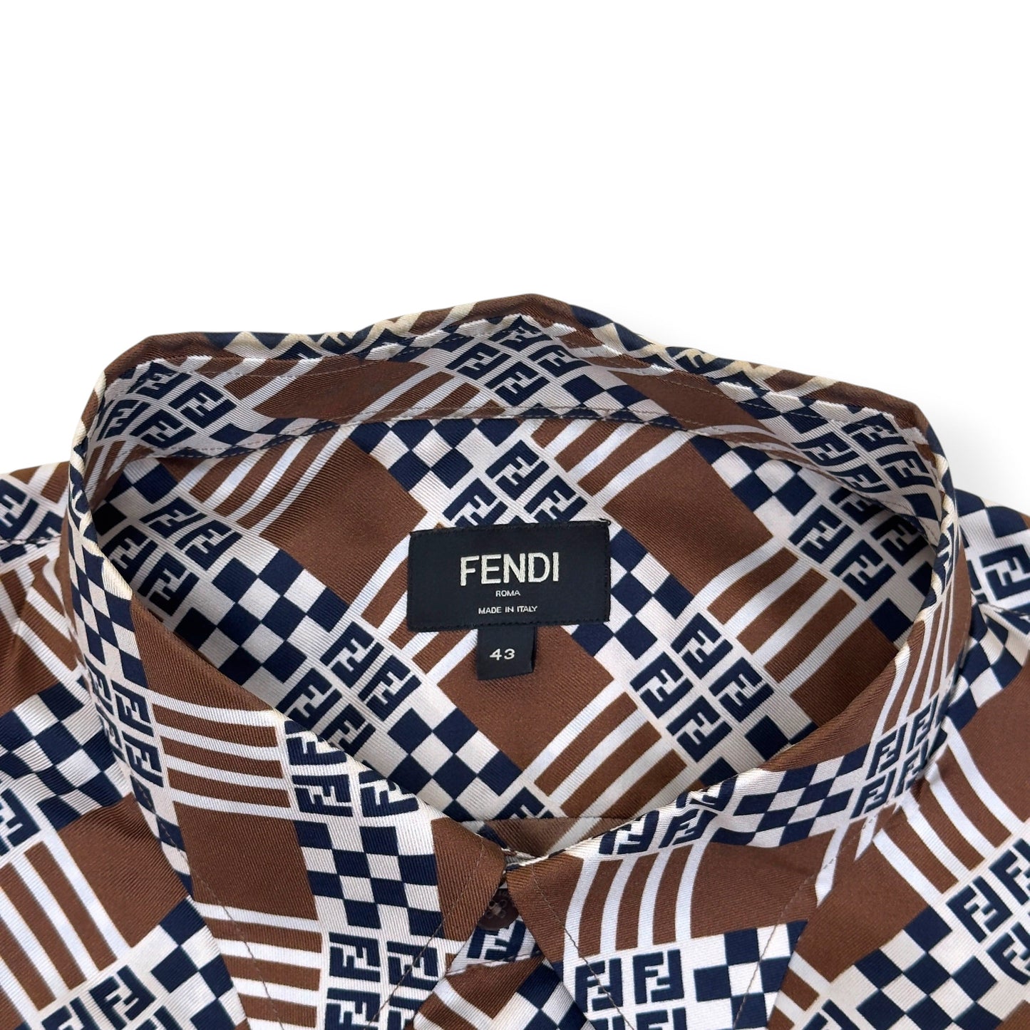 FENDI PRINTED MONOGRAM SILK SHIRT BROWN 43 / L | Large, Brown
