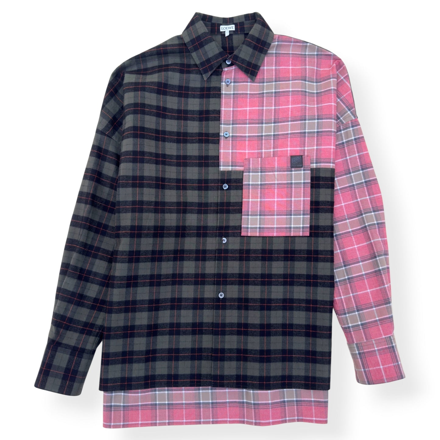 LOEWE PATCHWORK CHECK-PANEL COTTON SHIRT PINK / GREEN 38 / S | Small, Green