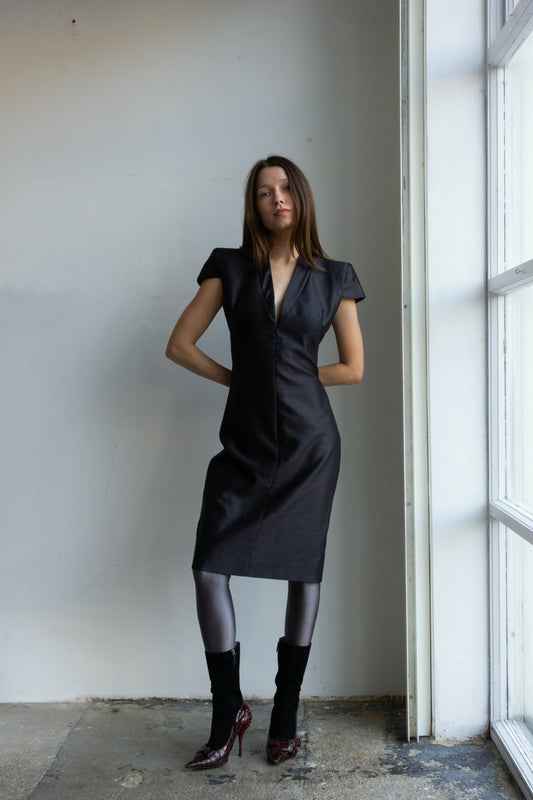 Alexander McQueen black silk dress with constructed shoulders