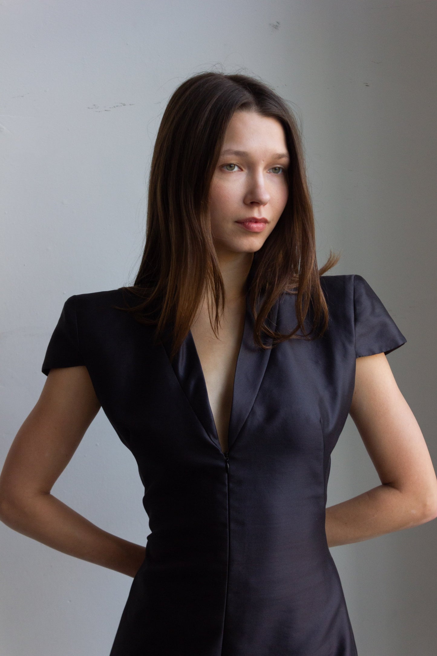 Alexander McQueen black silk dress with constructed shoulders