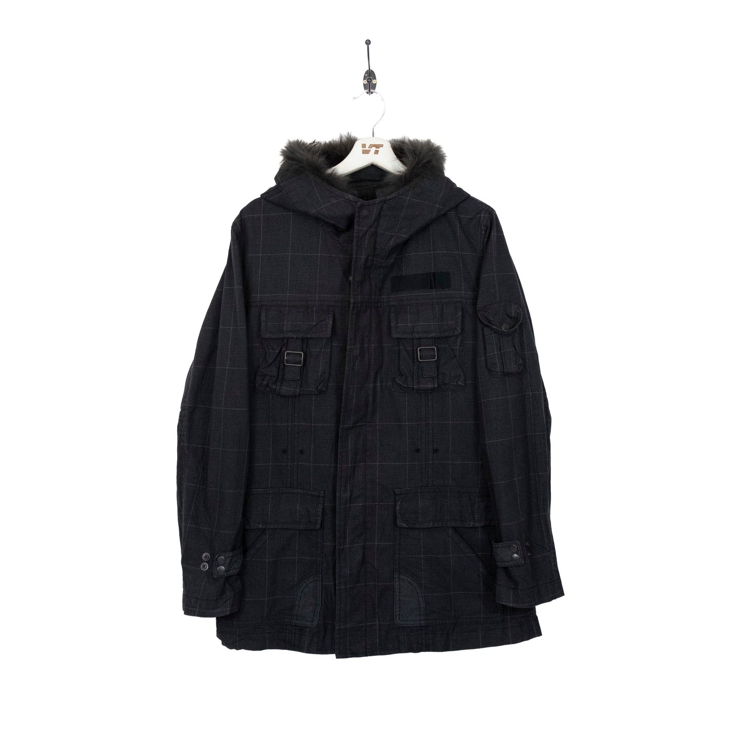 Tete Homme Plaid Fur Hooded Button Up Coat