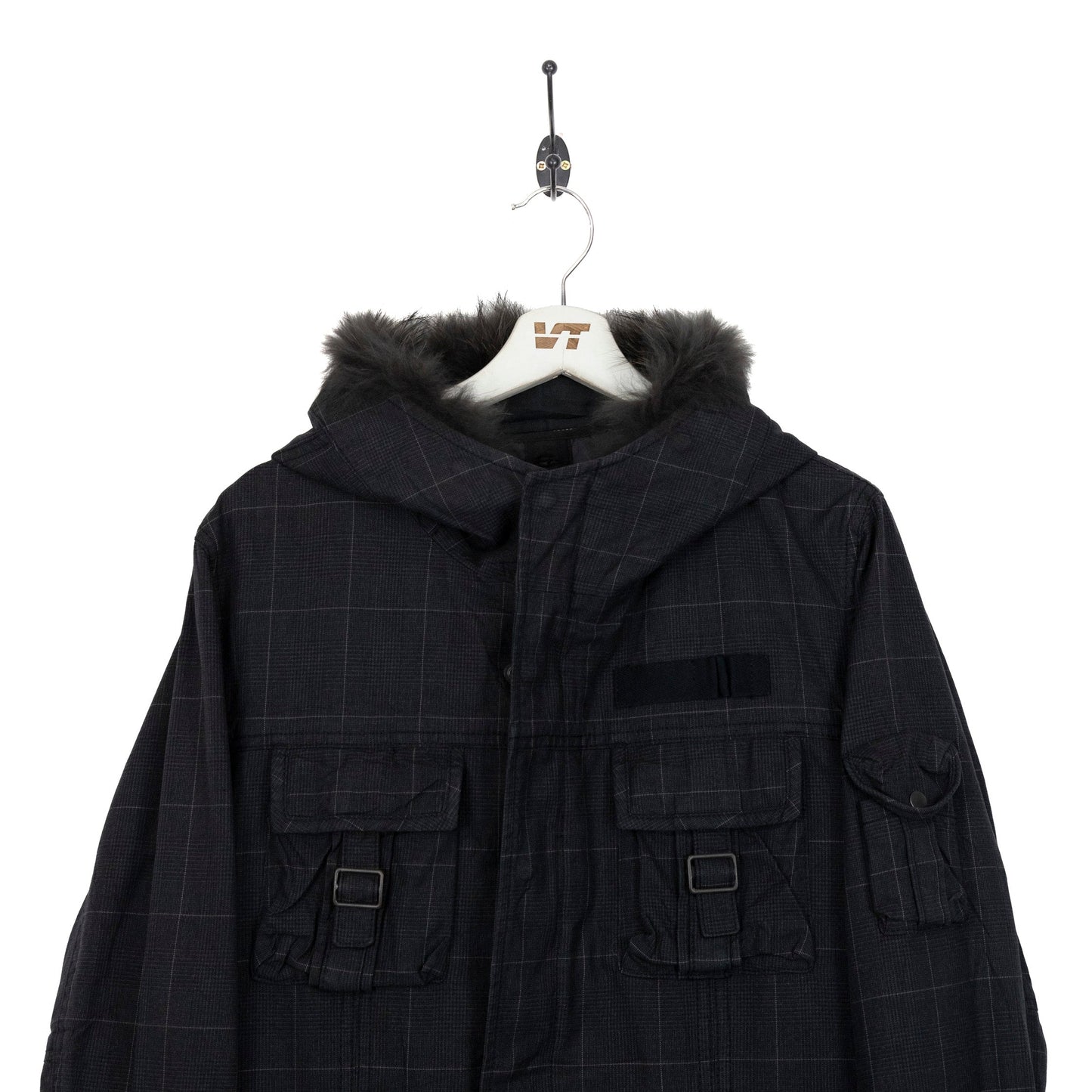 Tete Homme Plaid Fur Hooded Button Up Coat