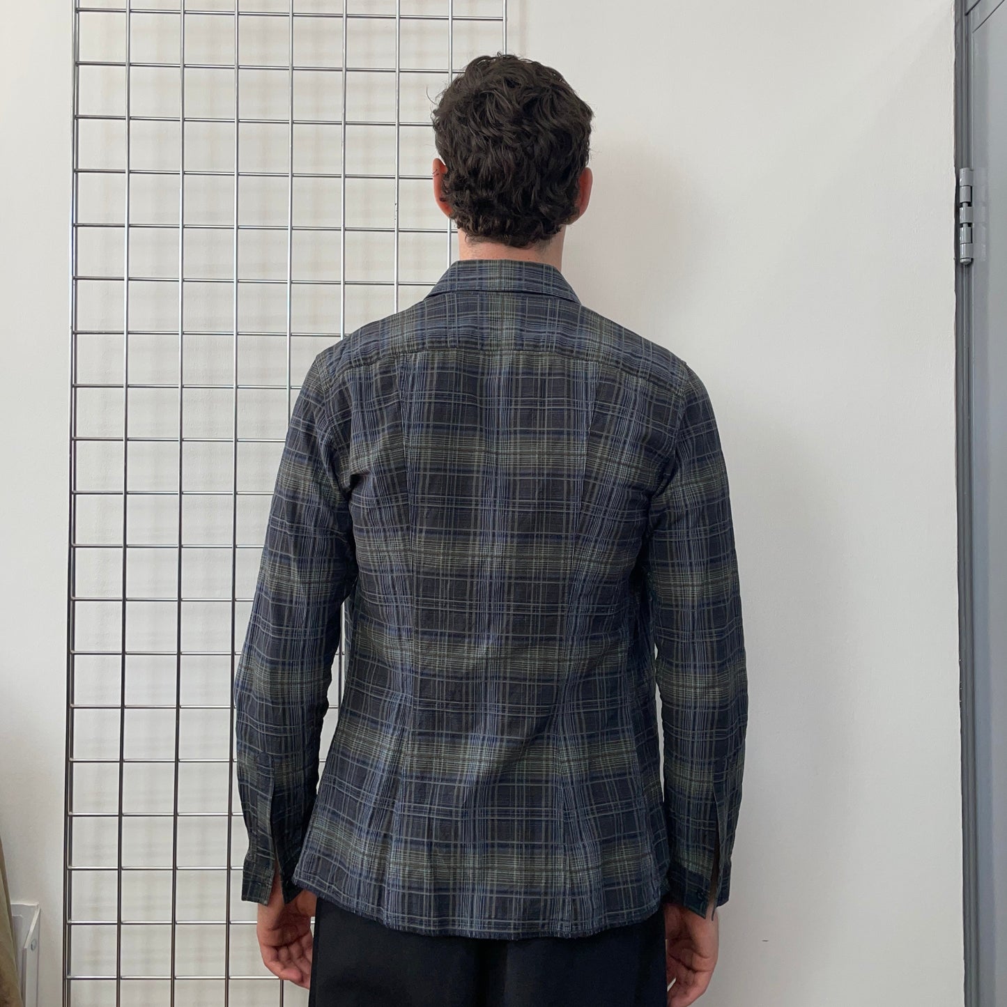 Armani Jeans Navy Grey & Green 00s Ribbed Check Shirt | Medium, Multicoloured