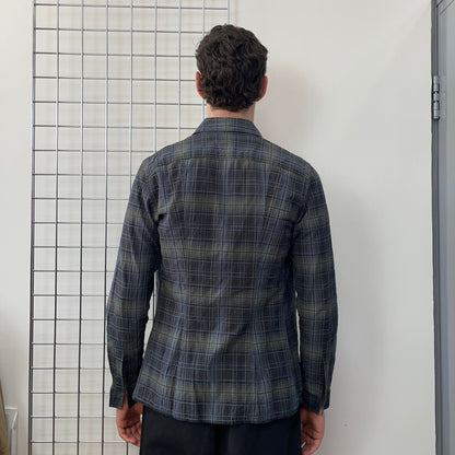 Armani Jeans Navy Grey & Green 00s Ribbed Check Shirt | Medium, Multicoloured