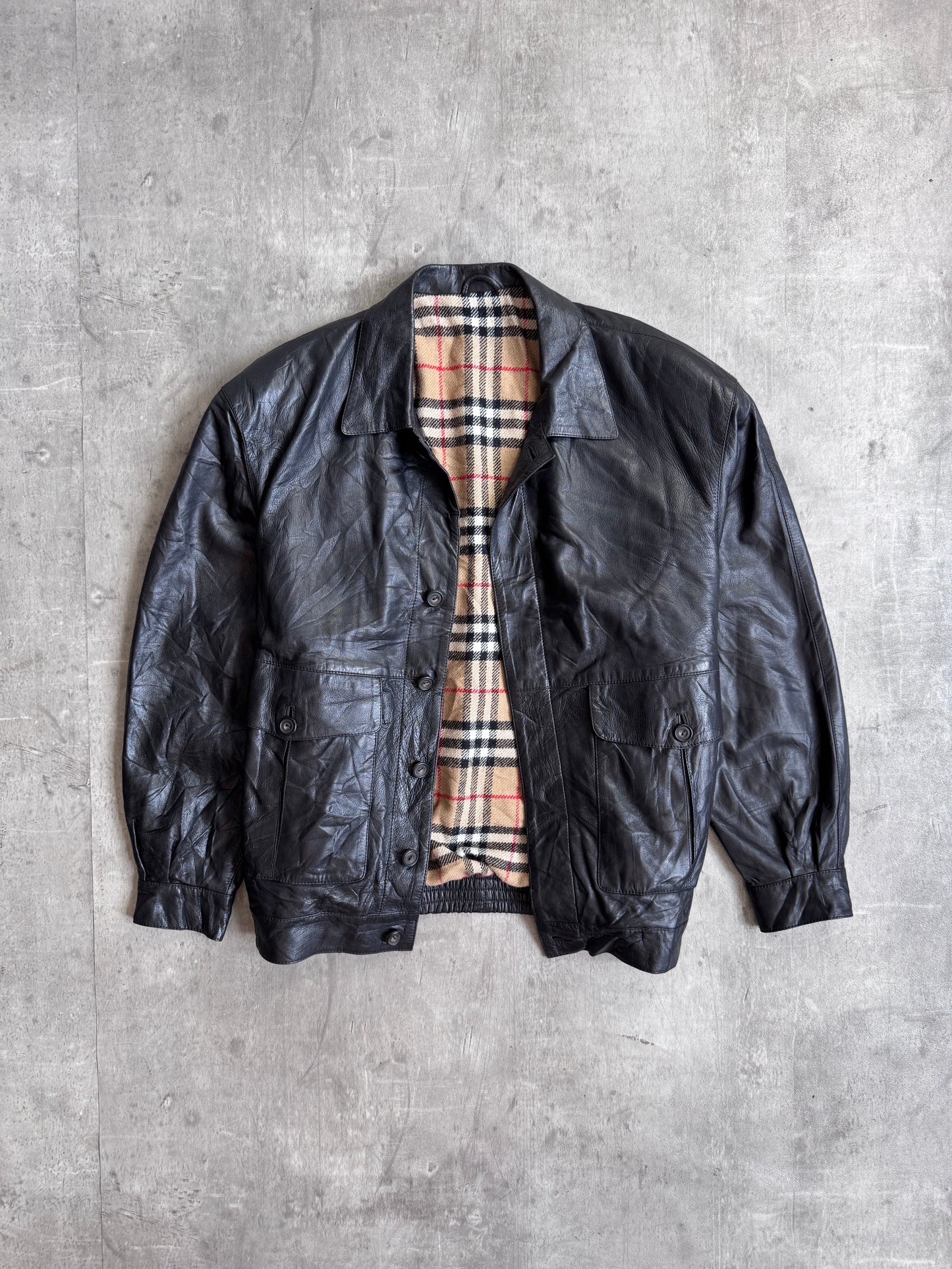 Burberry Nova Check Wool Lined Black Leather Bomber Jacket
