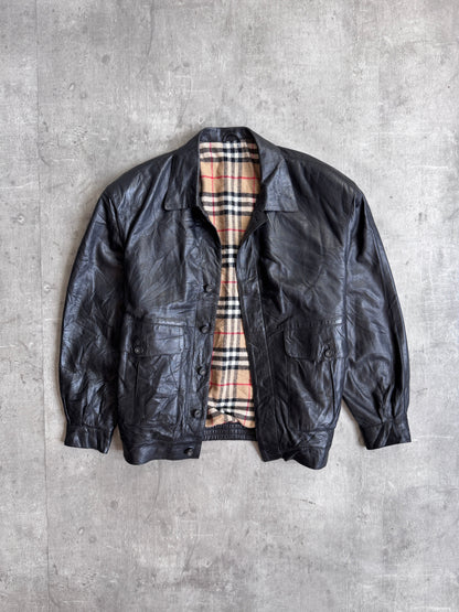 Burberry Nova Check Wool Lined Black Leather Bomber Jacket